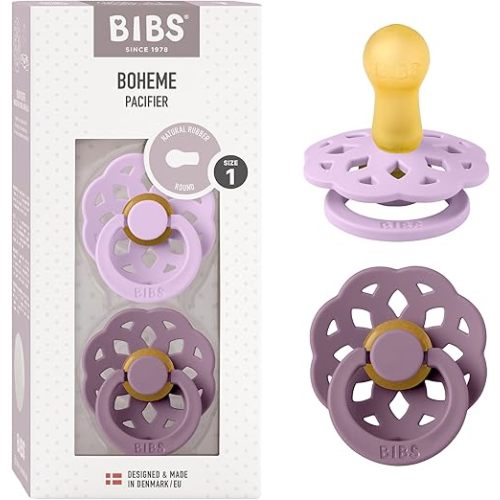 Bibs Pacifiers 0-6 Months | Boheme Collection 2-Pack | BPA-Free Round Natural Rubber Nipple | Made in Denmark | Violet Sky/Mauve Color Pacifier