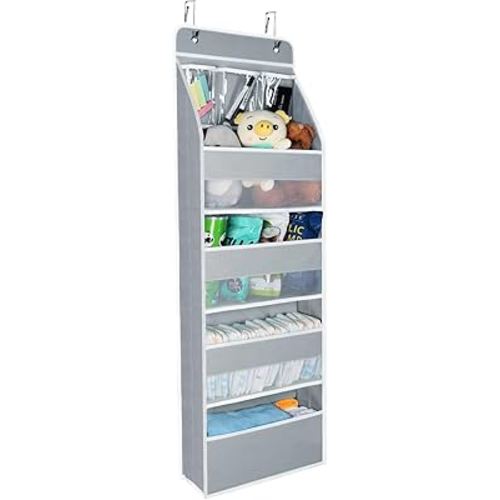 Univivi Door Hanging Organizer Nursery Closet Cabinet Baby Storage with 4 Large Pockets and 3 Small PVC Pockets for Cosmetics, Toys and Sundries (Grey)