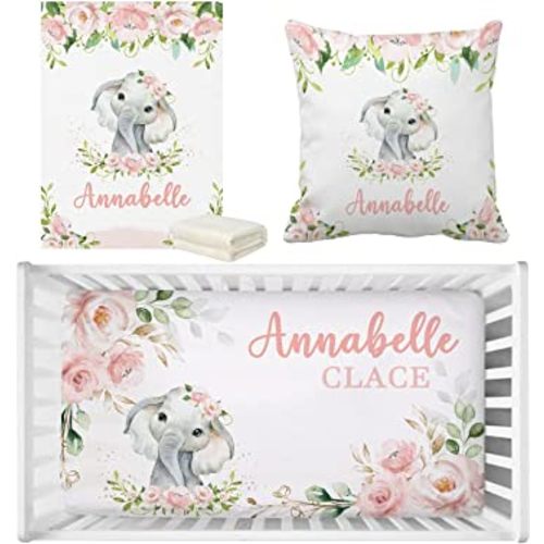UOOPOO-US Personalized Baby Fitted Crib Sheet Set, Customized Elephant Crib Bedding Set with Name, Baby Crib Bedding Set, Custom Chic Pink Flower Nursery Crib Sheet Bedding Set