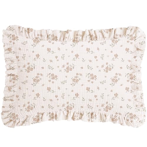 Konssy Flounce Muslin Toddler Pillowcase, Soft Cotton Toddler Pillow Case for 13x18 Pillow, Cozy Travel Kids Baby Pillowcases with Envelope Closure (Floral)