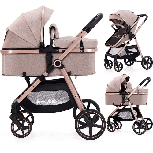 2-in-1 Baby Stroller with Bassinet Mode - Folding Infant Newborn Pram Stroller with Reversible Seat - Toddler Strollers for 0-36 Months Old Babies (Beige)