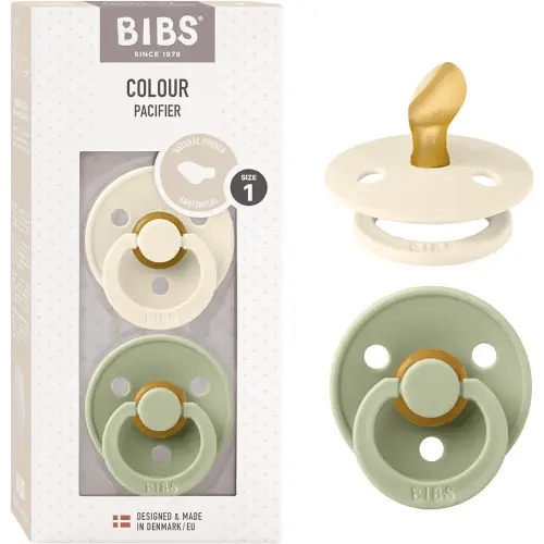 BIBS Lot de 2 tétines colorées avec tétine anatomique - Caoutchouc naturel sans BPA - Fabriquées au Danemark - Ivoire/sauge - Taille 0 à 6 mois