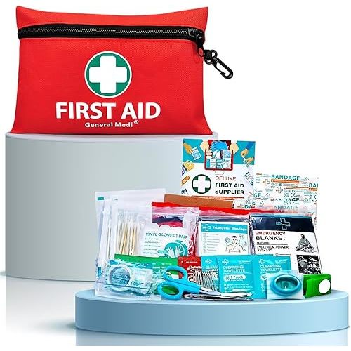 General Medi Mini First Aid Kit, 110 Piece Small First Aid Kit - Includes Emergency Foil Blanket, Scissors for Travel, Home, Office, Vehicle, Camping, Workplace & Outdoor (Red)