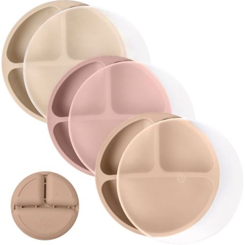 WeeSprout Silicone Plates for Babies & Toddlers 100% Food-Grade Dishes - With Lids, 3 Pack (Matte Tan, Off White & Pink)
