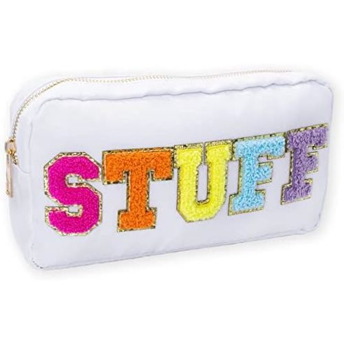 Fablinks Preppy Stuff Bag, Chenille Varsity Letter Makeup Pouch, Nylon Skin Care Zipper Patch Bags Organizer for Women, Travel Make Up Skincare Cosmetic Stocking Stuffers