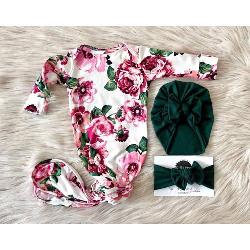 Baby knotted gown in “Capri” Coral & Pink Floral with hunter green turban, Floral Baby Gown, take home outfit, baby gift, baby turban