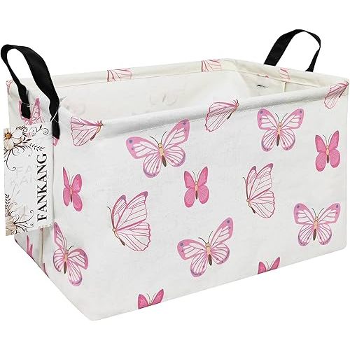 FANKANG Storage Bins, Nursery Hamper Canvas Laundry Basket Foldable with Waterproof PE Coating Large Storage Baskets for Kids Boys and Girls, Office, Bedroom, Clothes,Toys(Rec-pink butterfly