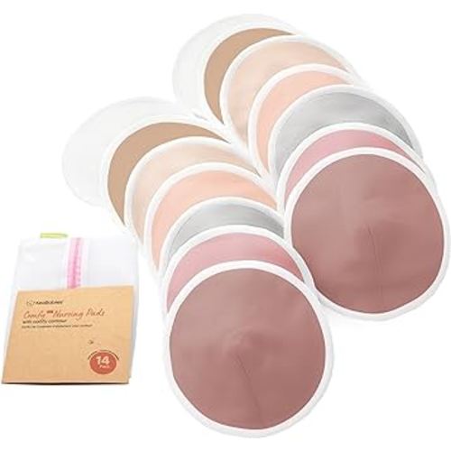 Organic Breast Pads - 14 Viscose Derived from Bamboo Washable Pads + Wash Bag, 3-Layers Breastfeeding Nipple Pad for Maternity, Reusable Nipplecovers for Breast Feeding(Lovelle Lite, M 3.9")