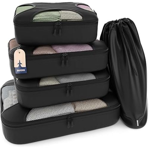 Shacke Premium 5 Packing Cubes Set - Lightweight Mesh Travel Luggage Organizers with Laundry Bag, 5-Piece Suitcase Storage System (Black)