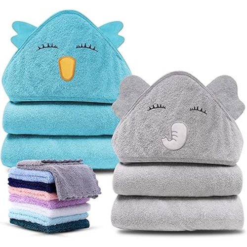 Cute Castle 2 Pack Hooded Baby Towel Rayon Made from Bamboo and 8 Washcloths - Lovely Elephant, Happy Bird