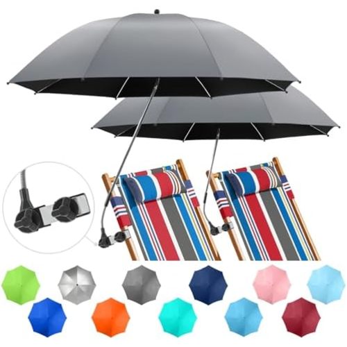 2 PACK Beach Umbrella with Clamp, 360 ° Adjustable Umbrellas for Chair, UPF50+ Umbrella for Beach Chair, Patio Chair, Wheelchair, Camping Chair, Golf Carts (Chair Not Included)