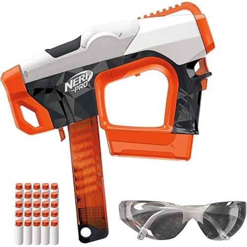 Nerf Pro Sender Half-Length Semi Automatic Dart Blaster, 150 FPS, 30 Nerf Pro Half-Length Darts, 15-Dart Magazine, Eyewear, Gifts for Teens, 14+