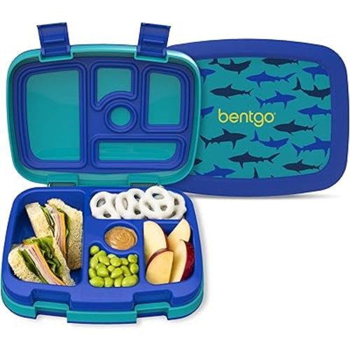 Bentgo Kids Prints Leak-Proof, 5-Compartment Bento-Style Kids Lunch Box - Ideal Portion Sizes for Ages 3-7, Durable, Drop-Proof, Dishwasher Safe, & Made with BPA-Free Materials (Sharks)