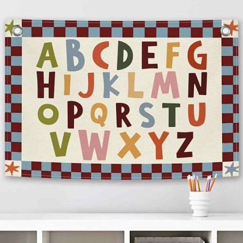 Colorful Alphabet Abc Kids Banner Canvas, Educational Classroom Decor, Retro Playroom Hanging Flag Sign, Vintage Nursery Wall Tapestry Art for Toddler Room School Bedroom 20x30in