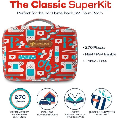 KeepGoing Large Home First Aid Kit for Kids – 270 Pc. for Car, Home, Dorm, & Boat with Latex-Free Bandages – 10 x 7 x 3.5 in. Travel First Aid Kit (The Classic)