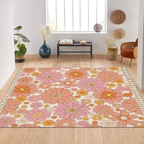 Kid Rug Retro Seamless Texture Vintage 70s 60s Style Pink Orange Great for Woven Area Rug with Tassels Patio Mat Carpet Boho Home Decor Outdoor Living Room Kid Bedroom Playroom Nursery Rug 5x8'