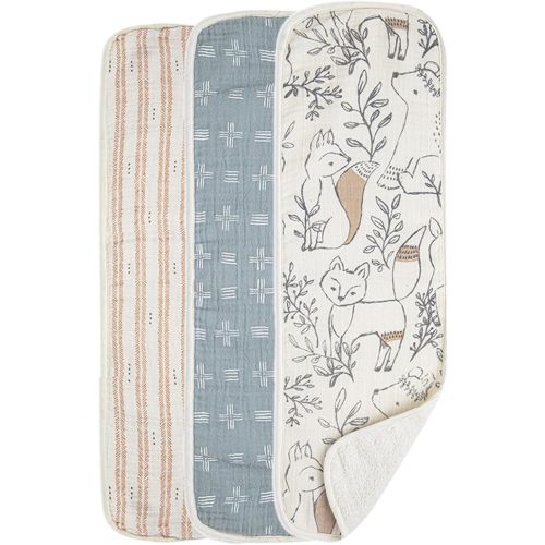 Crane Baby Muslin Baby Burp Cloths, Lightweight Absorbent Burp Cloth, Woodland Animal, Set of 3, 7" x 20", Newborn Baby Essentials, Burp Cloths Baby Boy, Burp Cloths Baby Girl, Baby Newborn Essentials