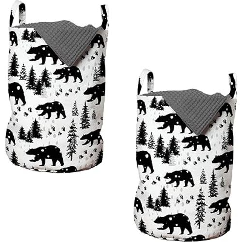 Lunarable Hipster Antler Laundry Bag Pack of 2, Greyscale Style Repetitive Pattern of Bear Footprints and Trees, Hamper Basket with Handles Drawstring Closure, 13" x 19", Black Pale Grey White