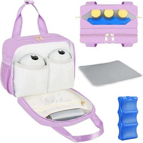 PIIOSER Breastmilk Cooler Bag with Ice Pack, Compatible with Wearable Breast Pumps & Accessories - Portable Pumps Carrying Case for Nursing & Working Moms (Purple-Small)