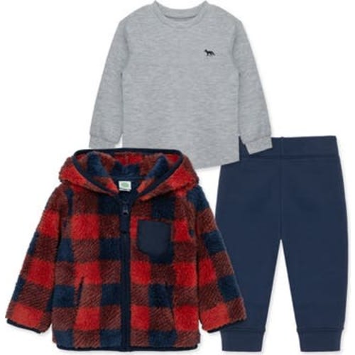 Check Fleece Hooded Jacket, Thermal T-Shirt & Pants Set, 12M