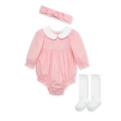 Little Me Baby Girls' 3-Piece Headband and Long Sleeve Smocked Romper, and Sock Set, 0-12 Months