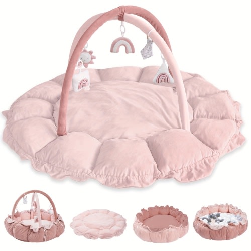 5-in-1 Thick & Plush Baby Play Gym, Tummy Time Mat with 6 Toys, Convertible Stage-Based Developmental From Baby to Toddler, Baby Play Mats for Floor, Ball Pit, Pet Cushion, Not for Sleep Use, Christmas & Halloween