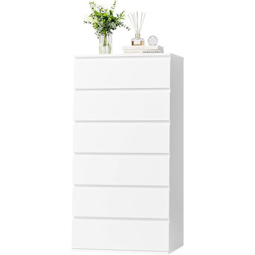 FOTOSOK White Dresser, 6 Drawer Dresser, Modern Tall Floor Storage Cabinet with Metal Sliding Rail, Wooden Handleless Drawer Cabinet, 6-Layer Large Capacity Vertical Dressers for Home & Office