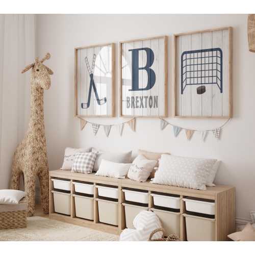 Navy Blue Hockey Wall Art For Nursery, Hockey Sticks Puck, Boy Sports Bedroom Prints or Canvas Set of 3, Above Crib Art, Framed Prints