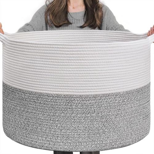 INDRESSME Large Storage Basket, 21.7'' x 13.8'' Cotton Rope Blanket Basket Living Room, Toy Organizers and Storage with Handles for Kids: White & Light Grey