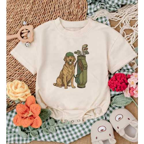 Golden Retriever Golf Romper, Dog Golfer Baby Bodysuit, Handmade Outfit