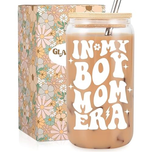 Fairy's Gift Boy Mom Era Iced Coffee Cup, Cute New Mom Gifts, 16 oz Coffee Glass Cups with Lids Straws - Mothers Birthday Christmas, Boy Mama Gifts for Expecting Mother, First Time Mommy, Mommy to Be