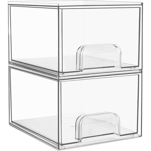 Vtopmart 2 Pack Clear Stackable Storage Drawers, 4.4'' Tall Acrylic Bathroom Makeup Organizer,Plastic Storage Bins For Vanity, Undersink, Kitchen Cabinets, Pantry, Home Organization and Storage
