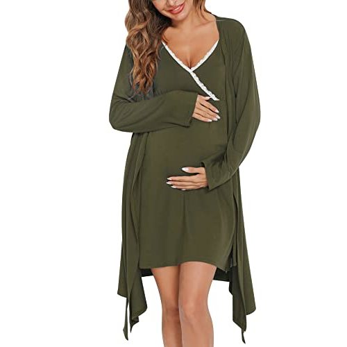 SWOMOG Womens Maternity Robe 2 Piece Nursing Nightgown for Breastfeeding 3 in 1 Labor Delivery Nursing Dress Lace Bathrobe