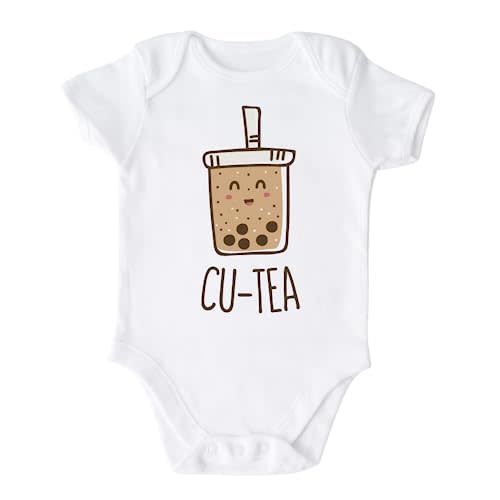 MangoHouse Kids Tshirt Baby Onesie® Cu-Tea Boba Baby Bodysuit Newborn Outfit Baby Shower Gift (Short Sleeve White, 0-3m)