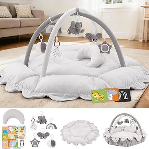 5-in-1 Baby Activity Gym & Play Mat with 6 Hanging Toys, Tummy Time Pillow & Cards - Extra Large, Reversible Machine Washable Pad - Gift for Newborns, Infants 0-12 Months, Grey