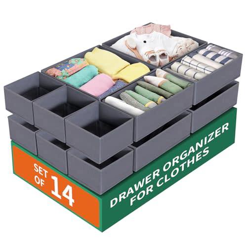 ORLISA 14 Pack Drawer Organizer for Clothes Dresser Organizer for Nursery-Perfect Baby Cloth Organizer and Storage General Nursery Organization or Dresser Drawer Organizer Bins Foldable Washable Grey