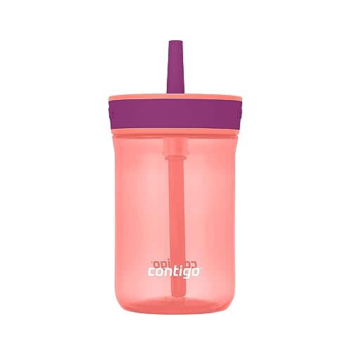 Contigo Kids’ Leighton Straw Tumbler with Spill-Proof Leak-Proof Lid, 14oz, Coral/Grape