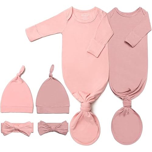 Newborn Baby Knotted Gown, Ultra-Soft Infant Sleeper Coming Home Outfit with Hat, Bowknot (2 Packs)