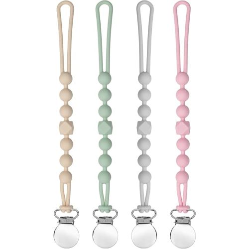 Pacifier Clips for Boys Girls - MORIBOX Silicone Paci Clip Teething Relief with One Piece Baby Binky Holder for Shower Birthday Gift 4 Pack