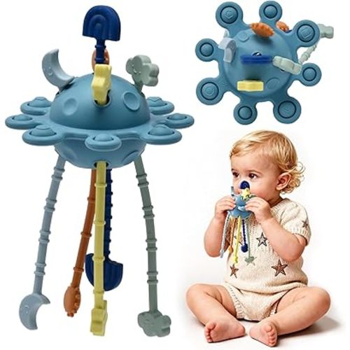 Little Rawr Silicone Baby Sensory Montessori Toys & Pull String Teething Toys for 18 M+, Toddler Birthday Gift Car Seat Airplane Travel for 1 2 Year Old Boy Girl Infant 18 Months Old (Blue)