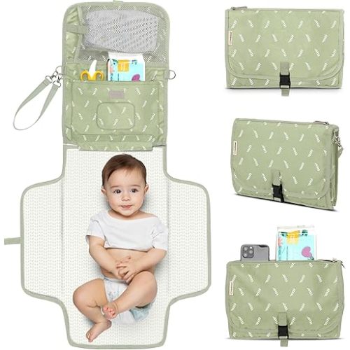 KeaBabies Portable Diaper Changing Pad - Large Waterproof Baby Changing Mat, Compact Travel Diaper Clutch, Functional Pockets Fit Newborn Essentials, Wipeable & Padded Baby Changer (Acacia)