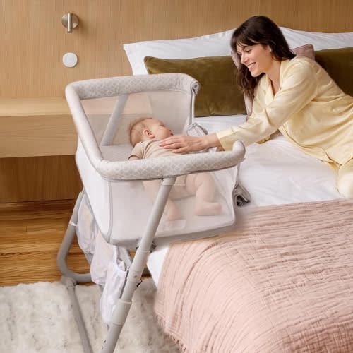 INFANS Baby Bassinet Bedside Sleeper with All-Mesh Lowering Wall, Beige | Portable Over Bed with 5 Adjustable Height, Sides Storage Pockets, Space Saving Crib for Newborns Infants Girls Boys