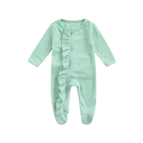 wybzd 0-6 Months Newborn Baby Girl Footie Waffle Knit Romper Zippers Ruffle Onesie Fall Winter Clothes
