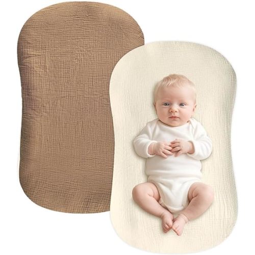 Hooyax Muslin Baby Lounger Cover 2 Pack - 100% Breathable Cotton Soft Infant Lounger Covers, Fits Most Standard Newborn Loungers & Pillows (Brown, Wheat)