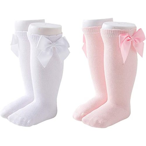 Maorrew 2 Pack Baby Girls Knee High Socks Bow Long Stockings Infants Toddlers Cotton Ruffled Uniform Leggings