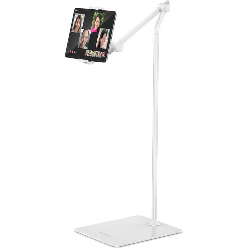 AboveTEK Tablet Floor Stand, Stylish Adjustable iPad Floor Stand, Aluminum 360° Rotation Tablet & Phone Holder for Sofa Bed, Compatible w/ 4.7"-13.5" iPhones, iPad Pro Air Mini 12.9, Kindles (White)
