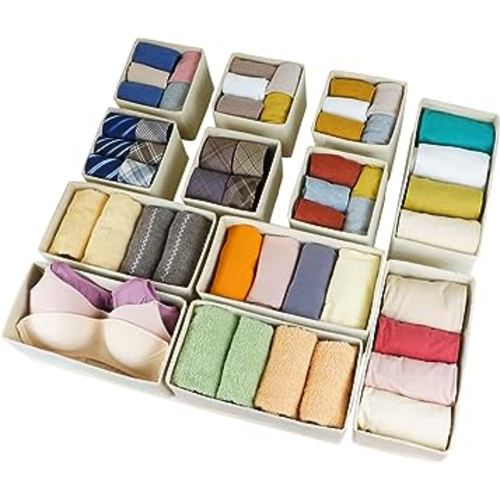 Set of 12 Drawer Organizer, Fabric Closet Organizer and Storage Baskets,Foldable Drawer Divider for Clothing,Sock,Ties,Underwear Drawer Organizers,Set of Cabinet Storage Boxes (Beige)