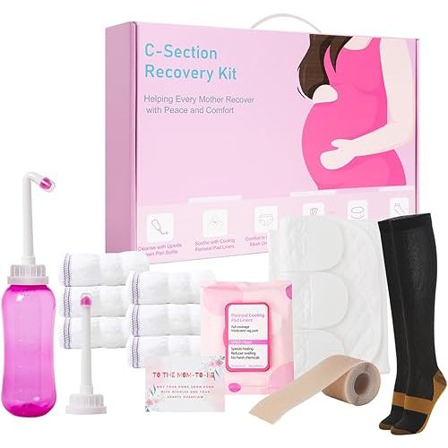 C Section Recovery Must Haves Kit - Peri Bottle,Disposable Mesh Underwears,Witch Hazel Pad Liners,Silicone Scar Patches, Abdominal Belly Binder,Socks,Postpartum Essentials Kit New Mom Gifts
