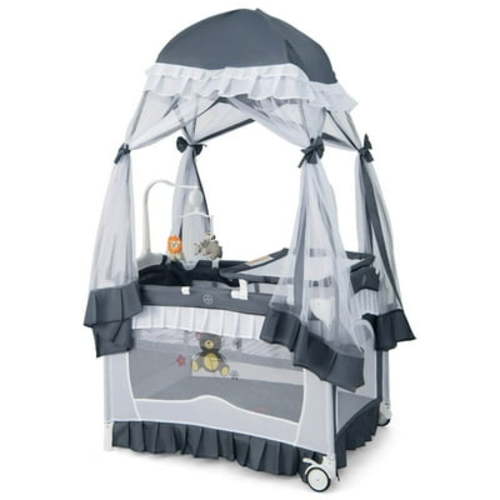 Babyjoy Infant Newborn Portable 4 in 1 Travel Bassinet Baby Playard Crib with Canopy, Music Box and Changing Table