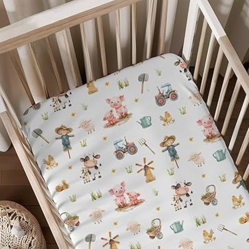 Farm Life Pattern Baby Sheets for Crib, Unisex Cute Farm Animals Cow Chicken Sheep Nursery Fitted Bed Sheet for Boys Girls Standard Crib and Toddler Mattress-28x52
